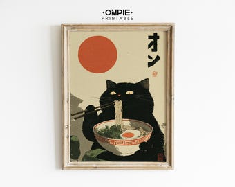 Japanese Ramen Cat Wall Art Printable, Retro Black Cat Noodle Poster, Minimalist Asian Kitchen Decor, Funny Neko Food Print Digital Download