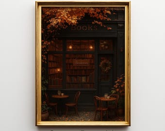 Vintage Bookstore Autumn Wall Art Printable, Cozy Bookish Poster for Book Lovers, Halloween Fall Decor, Reading Nook Digital Download