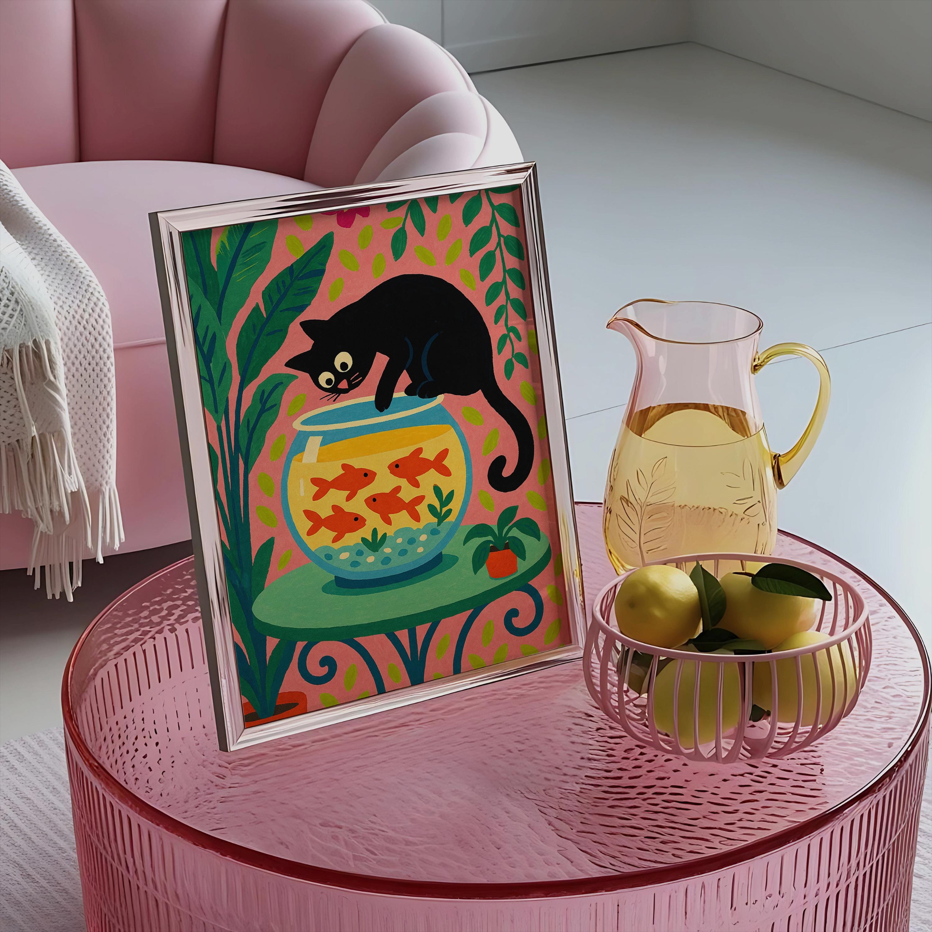 Black Cat Goldfish Bowl Art Print: Whimsical Colorful Wall Decor - Etsy