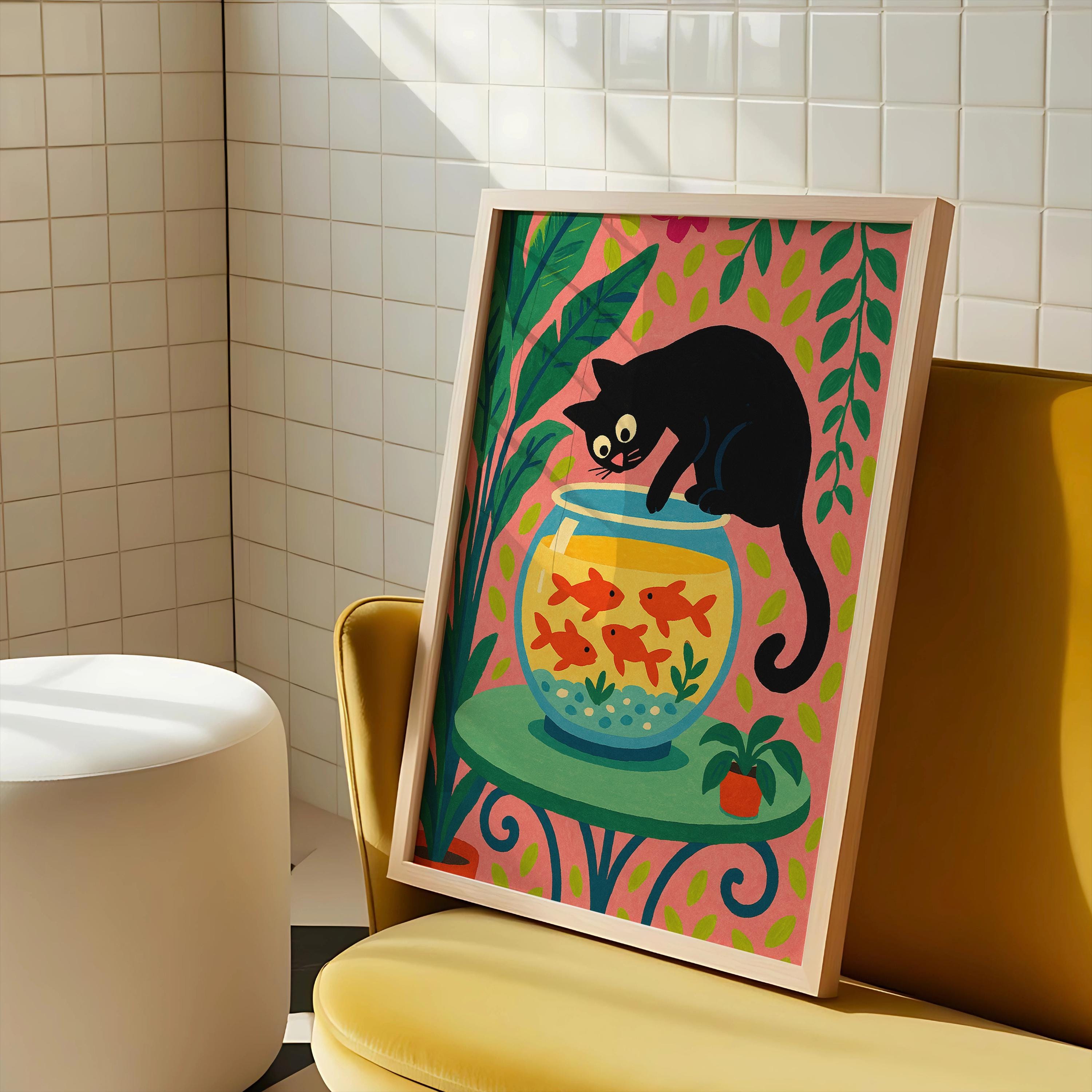 Black Cat Goldfish Bowl Art Print: Whimsical Colorful Wall Decor - Etsy