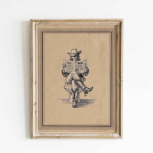 Western Cowgirl Newspaper Wall Art Print, Vintage Bathroom Humor Poster, Rustic Cowboy Line Art, Neutral Farmhouse Decor
