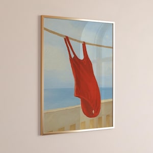 Red Bikini Summer Digital Print, Bikini on Clothesline, Beachy Wall Art, Coastal Aesthetic Poster Trendy Wall Art Preppy Print Beach