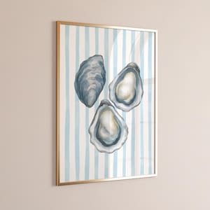 Oyster Wall Art Printable, Coastal Shellfish Kitchen Decor, Blue Stripe Nautical Poster Digital Download For Beach House Or Seaside Cottage
