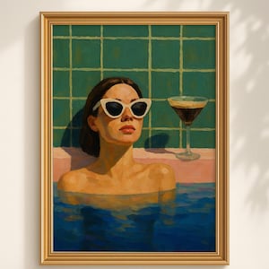 May include: Oil painting in a gold frame of a person in a pool wearing white sunglasses, with a cocktail glass. The background features a green tiled wall and a pink ledge. The artwork evokes a sense of leisure.