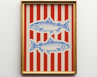Vintage Fish Illustration, Trendy Wall Art, Retro Collage Wall Art, Trendy Dorm Decor, Digital Download Printable, Kitchen Wall Print