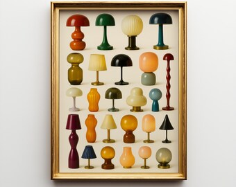 Retro Tischlampe Illustration Print, Mid-Century Modern Lampenkunst, farbenfroher digitaler Wand-Kunst-Download, Vintage Beleuchtungs-Dekor Poster