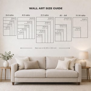 May include: A wall art size guide with various aspect ratios, including 3:4, 4:5, 2:3, A1-A4, and 11:14. Each ratio displays example dimensions in inches and centimeters. The guide includes sizes like 18x24 in (46x61 cm) and 24x36 in (61x91 cm).
