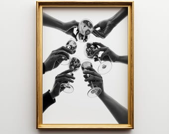 Arte de pared imprimible "Cheers", póster de carrito de cócteles en blanco y negro, decoración vintage con alcohol, descarga digital para comedor