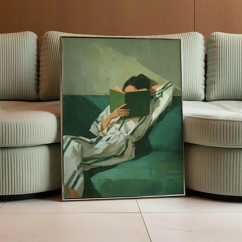 Emerald Green Reading Woman Printable Wall Art, Minimalist Abstract ...