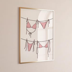 Pink Bikini Print, Pink Beachy Wall Art, Coastal Bikinis on Clothesline Poster, Summer Bathroom Decor, Cowgirl Dorm DIGITAL DOWNLOAD