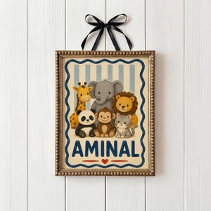 May include: A framed print with a collection of cartoon animals, including a giraffe, elephant, lion, panda, monkey, and cat. The print has a blue and white striped background with the word "AMINAL". A black ribbon is attached for hanging.