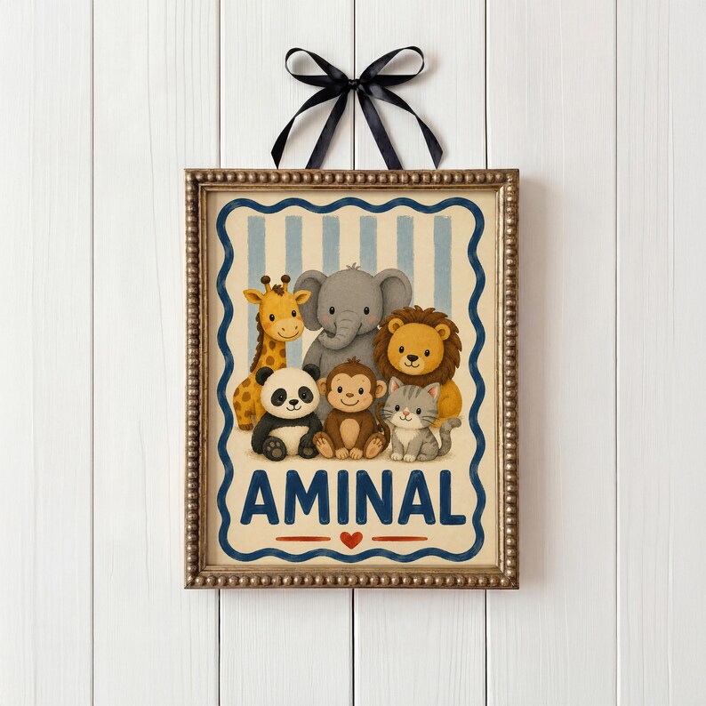 May include: A framed print with a collection of cartoon animals, including a giraffe, elephant, lion, panda, monkey, and cat. The print has a blue and white striped background with the word "AMINAL". A black ribbon is attached for hanging.