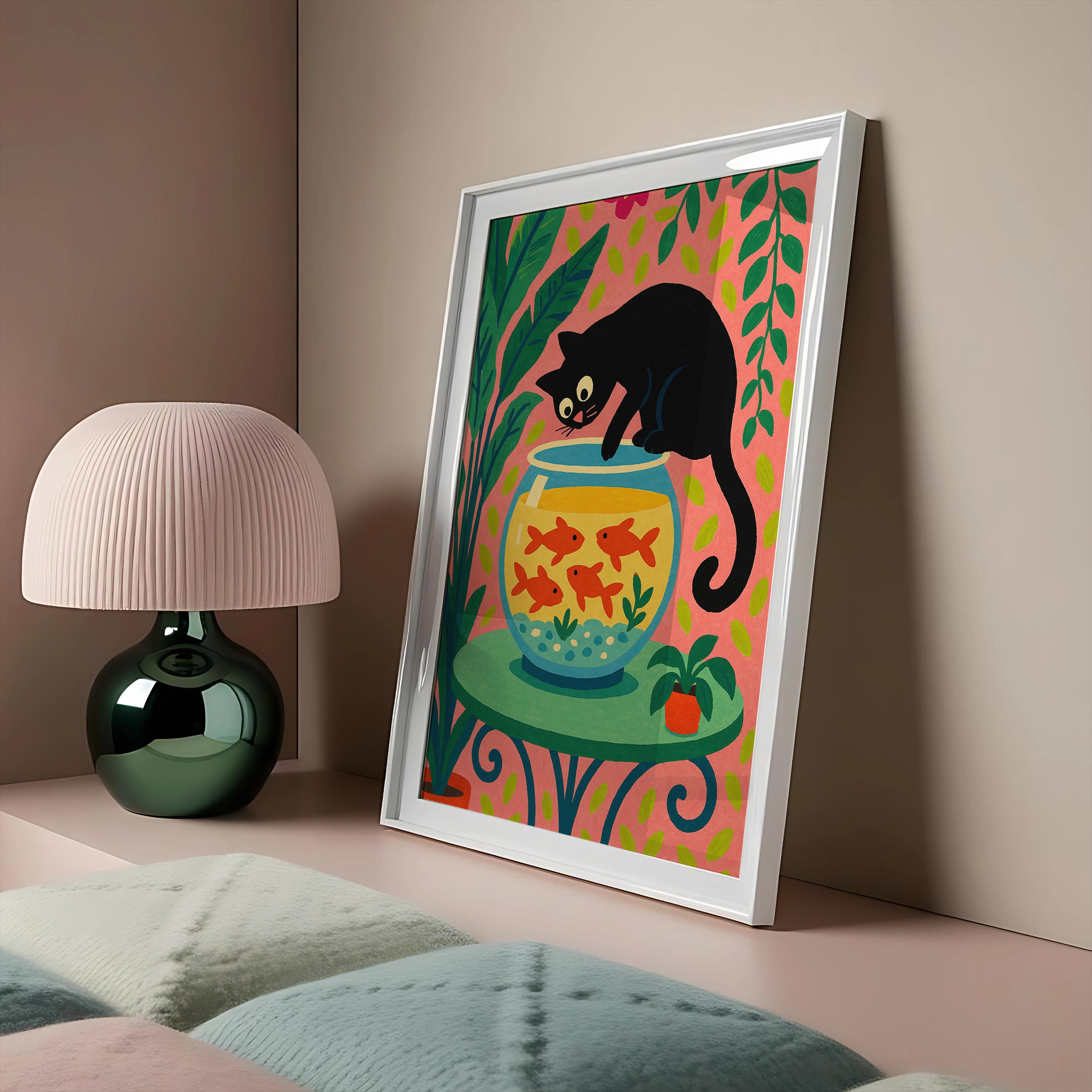 Black Cat Goldfish Bowl Art Print: Whimsical Colorful Wall Decor - Etsy