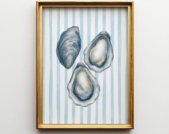 Oyster Wall Art Printable, Coastal Shellfish Kitchen Decor, Blue Stripe Nautical Poster Digital Download for Beach House or Seaside Cottage