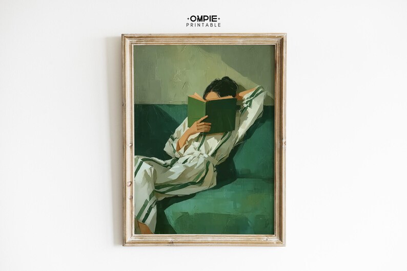 Emerald Green Reading Woman Printable Wall Art, Minimalist Abstract ...