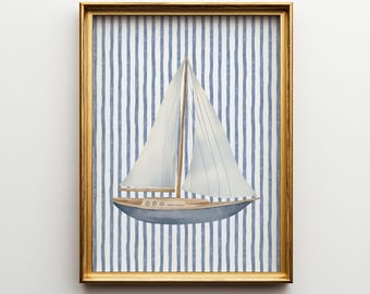 Sailboat Print, Trendy Coastal Wall Art, Beach Prints, Beach House Decor,Printable Wall Art, Blue Stripped Coastal Nautical Print