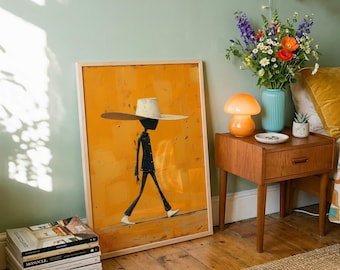 Moderne westerncowboy-kunstprint | Minimalistisch cowboysilhouet met oversized hoed | Digitale download voor muurkunst in opvallende gele kleur