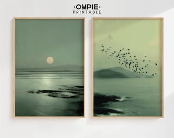 Japandi Wall Art Set of 2, Sage Green Seascape Prints, Minimal Zen Landscape, Scandinavian Nature Decor, Calm Coastal Wall Art