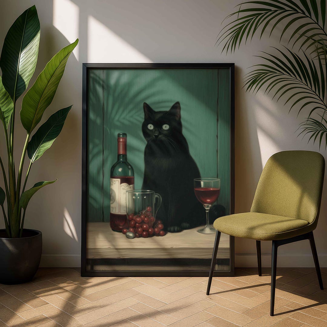Vintage Black Cat With Wine Art Print, Whimsical Cocktail Wall Decor ...