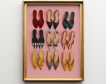 May include: A framed print featuring a collection of miniature shoes in various styles and colors, including red, black, blue, and yellow. The shoes are arranged on a pink background within a gold frame. The text "Ompie Printable" is at the bottom.