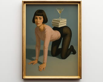 Lámina artística de mujer moderna, decoración de pared surrealista feminista con martini y libros, pintura imprimible divertida y peculiar para una galería ecléctica del hogar.