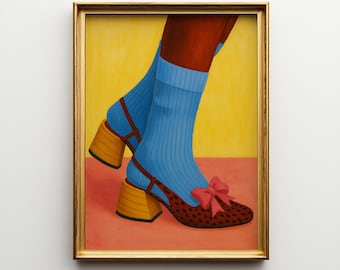 May include: A framed print featuring a stylized illustration of legs in blue socks and patterned heels with a pink bow. The heels have a yellow block heel and a red and brown pattern. The background is yellow and orange. The text "Ompie Printable" is at the bottom.