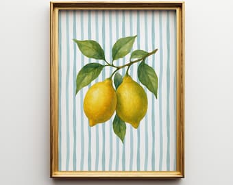 Lemon Kitchen Wall Art Printable, Coastal Fruit Decor Digital Download, Blue Stripe Citrus Artwork for Summer Cottage Kitchen Dining Room