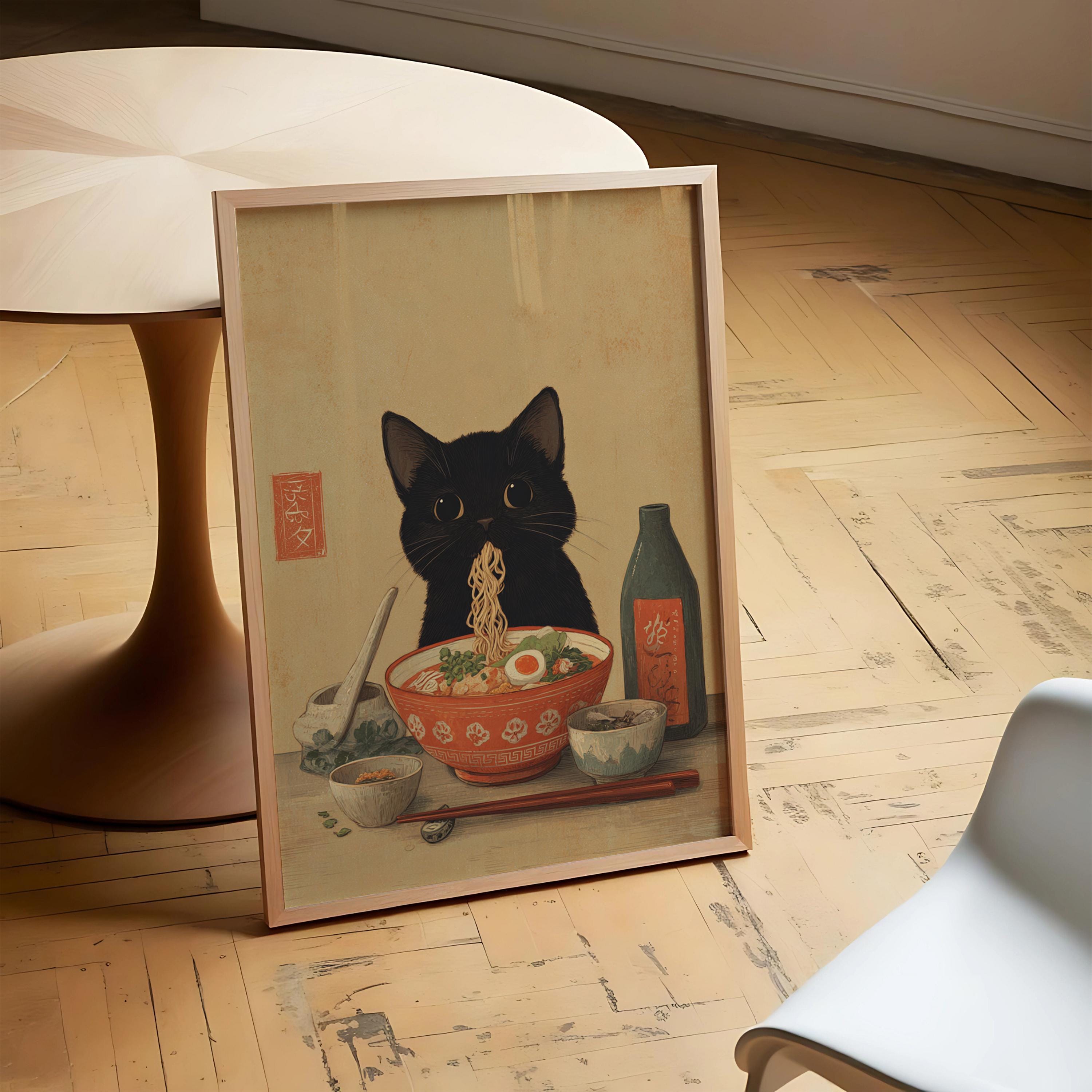 Black Cat Ramen Wall Art Printable, Cute Japanese Kitchen Decor, Retro ...