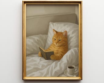 Cozy Tabby Cat Reading Art Print: Whimsical Bedroom Poster (Digital Download)