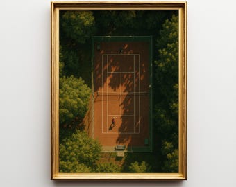 Tiny People Tennis Court Wall Art Printable, Aerial Sports Poster Download, Forest Tennis Digital Print for Game Room or Office Decor