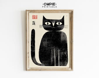 Japansk kattväggkonst, vintage bläckillustration, svart minimalistisk katttryck, zen japandi-dekor, utskrivbar konst