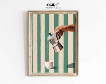 Retro väggkonst för kaffe, utskrivbar, mokakanna och minimalistisk randig bakgrund, digital nedladdningsbar konst för modernt kök