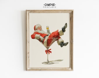 Retro Santa Cocktail Wall Art, Funny Vintage Christmas Poster, Holiday Bar Cart Decor, Martini Glass Santa Print, Festive Digital Download