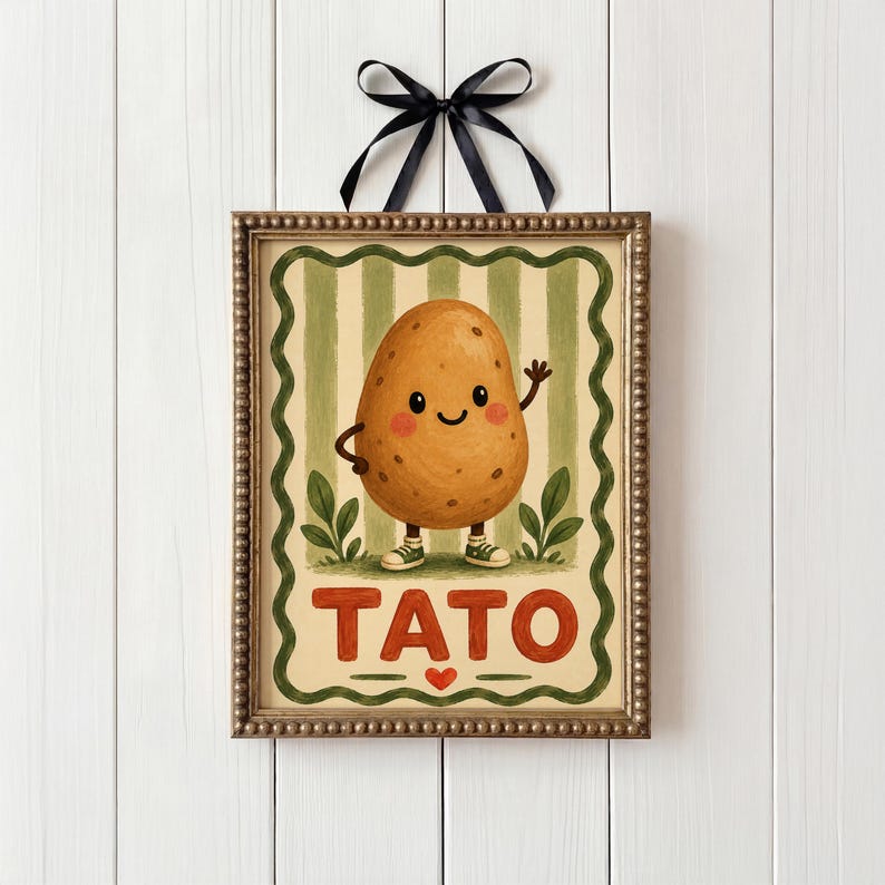 May include: A framed illustration of a smiling potato character waving. The potato is brown with small dots, wearing green trainers, and standing in front of a green and beige striped background. The word "TATO" is written in red below the potato.
