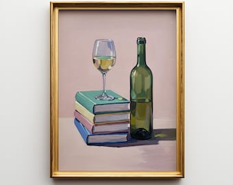Wine and Books Wall Art Print, Cozy Reading Nook Poster, White Wine Bottle Still Life Painting, Pastel Book Stack Kitchen or Library Decor