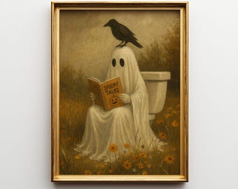 Ghost Reading Spooky Book Bathroom Art, Funny Vintage Halloween Print with Crow & Toilet, Moody Cottagecore Wall Decor Download
