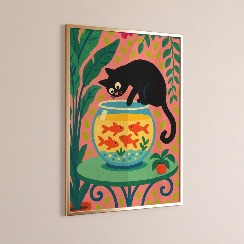 Black Cat Goldfish Bowl Art Print: Whimsical Colorful Wall Decor - Etsy