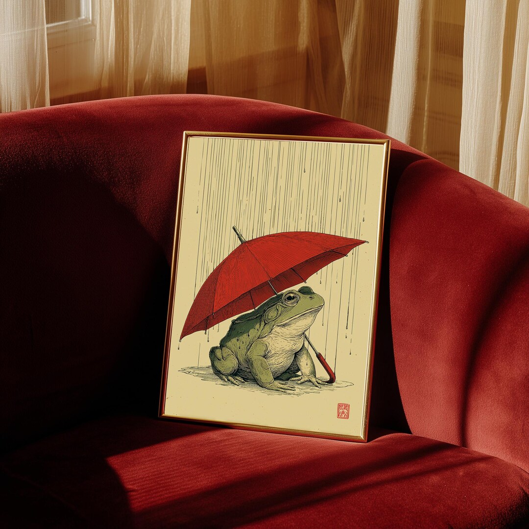 Funny Frog Bathroom Wall Art, Japanese Style Frog Umbrella Print, Rainy ...