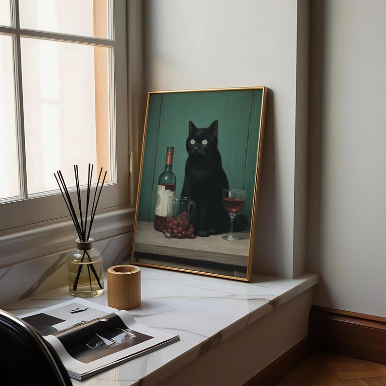 Vintage Black Cat With Wine Art Print, Whimsical Cocktail Wall Decor ...