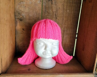 Baby Size Bright Pink Hat Hair Knit Baby Wig