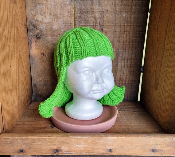 Baby Size Bright Green Hat Hair Knit Wig Baby Wig Green Wig