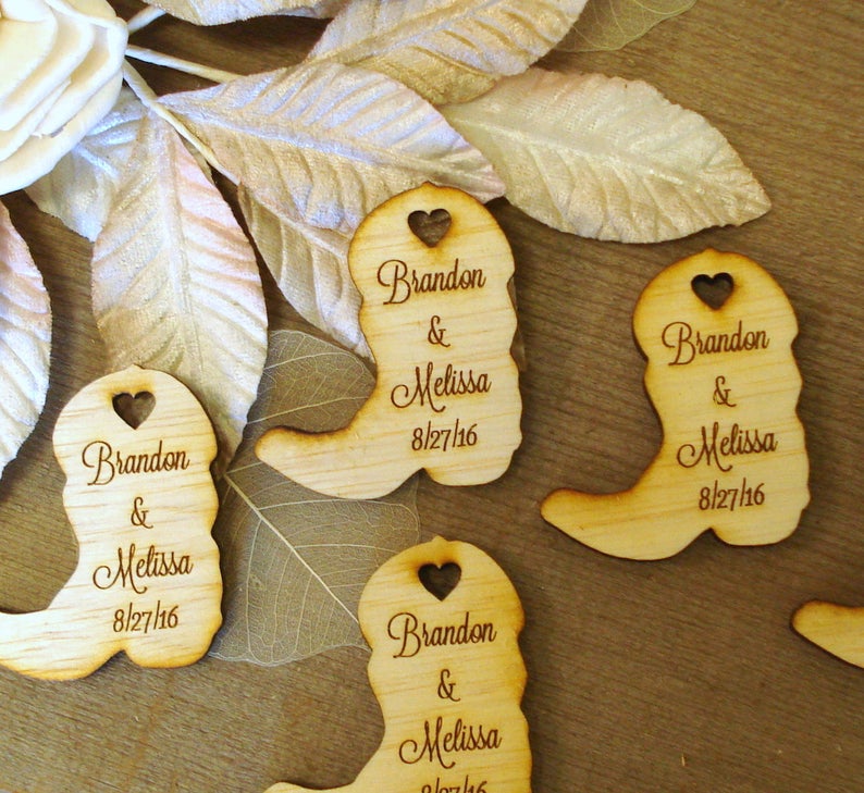 Wood Cowboy Boots Wedding Favors Personalized Set of 100 Farm Wedding image 1