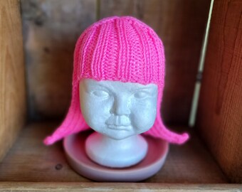 Baby Size Bright Pink Hat Hair Knit Baby Wig