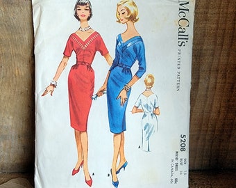 McCalls 5208 Vintage 1959 Slim Dress with V Neck Sz 16 Factory Folded Sewing Pattern