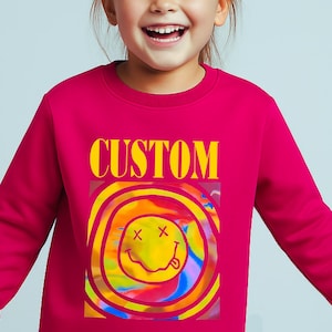 Custom Tshirt, Add custom text Smile Face on Crewneck shirt, Cute Pink Sweatshirt, Trendy Pink sweatshirt, Gift For Girls, Tshirt for Kids