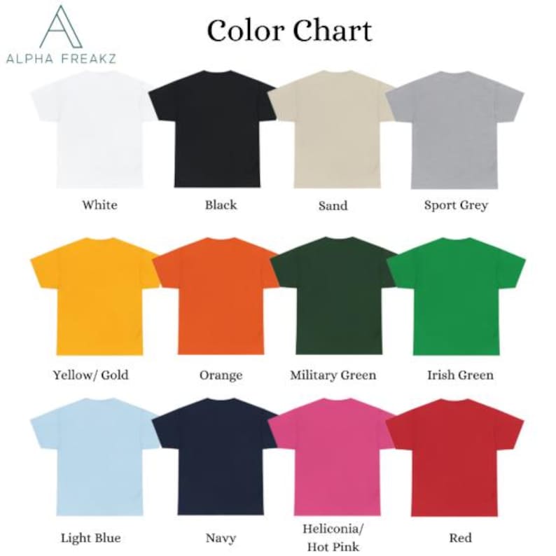 May include: A color chart displaying various t-shirt colors, including white, black, sand, sport grey, yellow/gold, orange, military green, irish green, light blue, navy, hot pink, and red. The brand logo is in the upper left corner.
