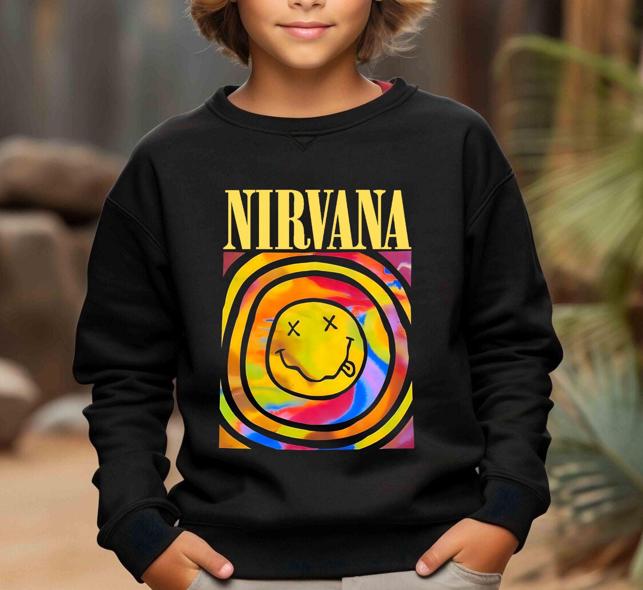 T-shirt Nirvana Smile Original, voor volwassenen en kinderen, officieel product, zwart, rok, Zwart, XS