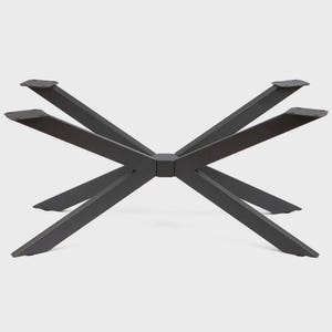 May include: A dark gray metal table base with a starburst design. The base has eight angled legs that meet in the center, with flat rectangular plates at the ends for attaching a tabletop. The legs are made of thick, solid metal.