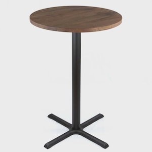 May include: A round, dark brown wooden table top is supported by a black metal pedestal base. The base has a single central column and a four-pronged foot. The table is suitable for a small space.