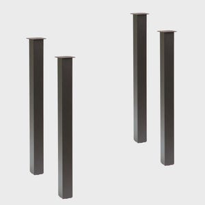 May include: Four dark gray metal table legs. Each leg is rectangular with a square top and a slightly tapered design. The legs are evenly spaced against a light gray background.